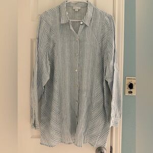 J. Jill Love Linen Blue White Stripe Long Sleeve Button Front Shirt Size XL
